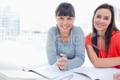 Two students sitting beside each other smiling as they work