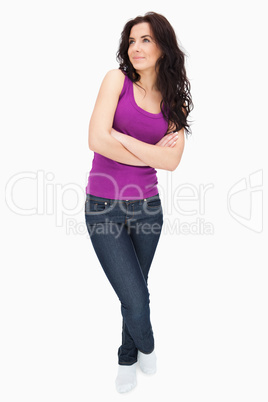 Brunette in purple top tank looking up