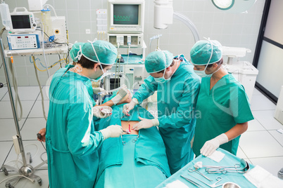 High angle view of surgeon operating in an operating theater