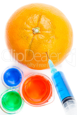 Beakers next to an orange piercing by a syringe