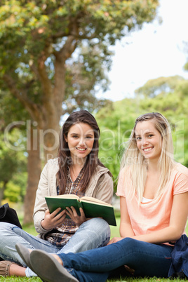 Cute teenagers sitting while studying with a textbook