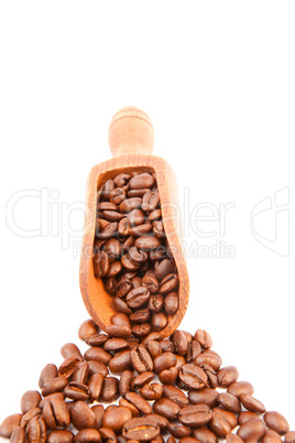 Wooden shovel filled of coffee beans