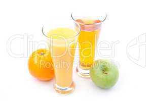 Glass of apple juice near a glass of orange juice