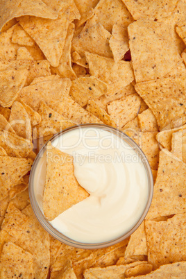 Chips surrounding a  bowl of dip
