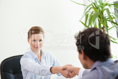 Businesspeople looking each other while shaking hands