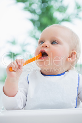 Baby holding a plastic spoon while putting it in his mouth
