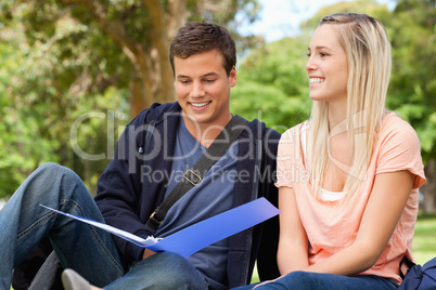 Smiling tutor helping a teenager to revise