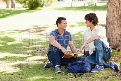 Portrait of two male students talking