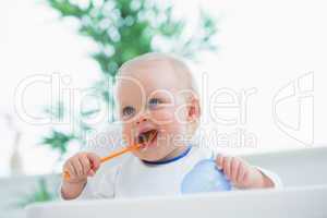 Baby holding a spoon while putting it in his mouth