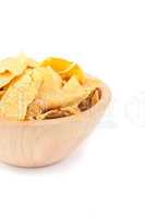 Wooden bowl full of crisps
