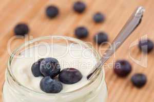 Close up of a pot of yoghurt with blueberries displayed behind