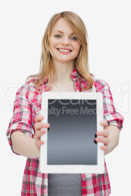 Woman showing a tablet computer