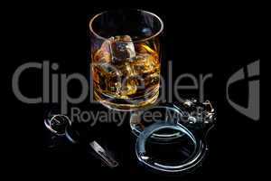 Whiskey on the rocks with handcuff and car key