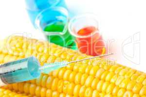 Syringe on corn next to beakers