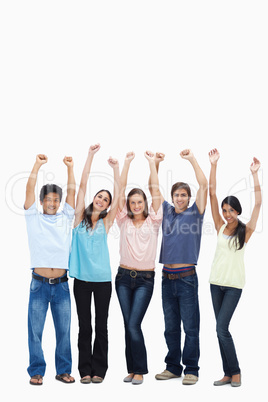 Customers raising their arms