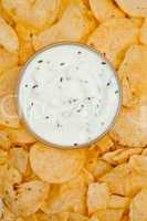 Close up of a bowl of white dip surrounded by nachos