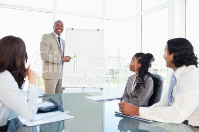 Smiling young executive giving a presentation