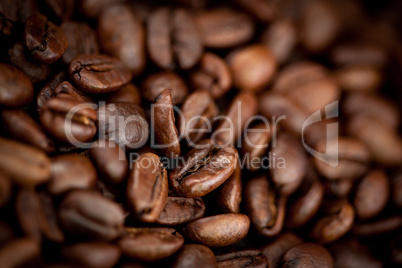 Dark blurred coffee seeds laid out together