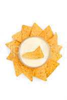 Bowl of white dip surrounded by nachos