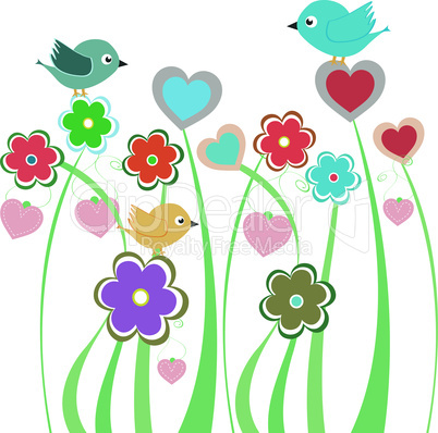 vector background with cute birds and flowers