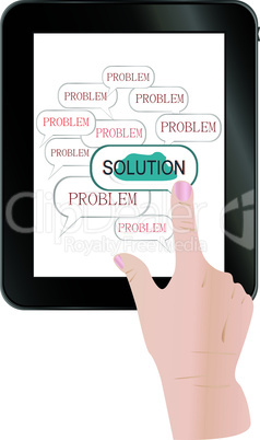 male business hand pushing on solution innovation button