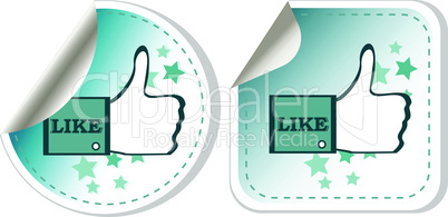 Blue thumb up hand stickers label set isolated on white