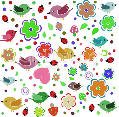 vector flower, bird and ladybird background. baby boy card