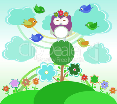 Cute happy holiday background with birds, owls sitting on the tree and flowers