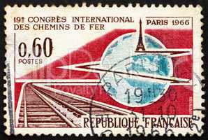 Postage stamp France 1966 Tracks, Globe and Eiffel Tower