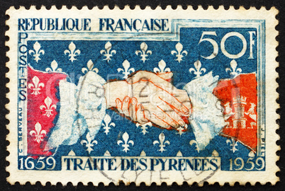 Postage stamp France 1959 French-Spanish Handshake