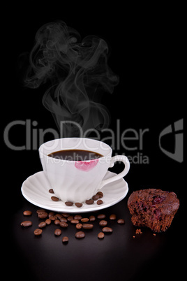 Hot coffee cup with red lipstick and muffin on black