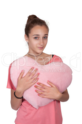 Teen girl with valentine pink heart isolated on white background