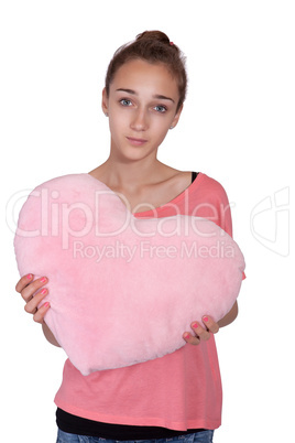 Teen girl with valentine pink heart isolated on white background