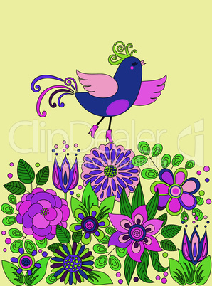 Decorative colorful funny bird on the flowers