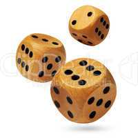 Three rolling wooden dices