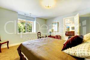 Guest bedroom with blue walls and brown bed.