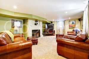 Tv room with green walls, leather sofas and fireplace.
