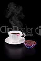 Hot coffee cup with red lipstick and muffin on black