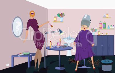 Beauty salon  worker with brush  and client under blow dryer stand up