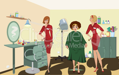 Beauty salon  client two salon workers in red uniforms