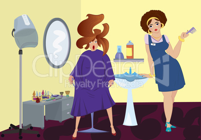 Beauty salon professional and a client near stand up blow dryer