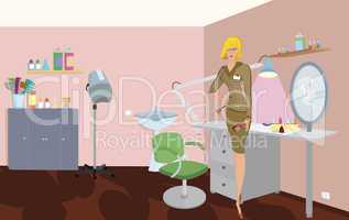Beauty salon professional with comb and brush is standing near the chair