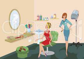 Beauty salon client in red dress is looking in the mirror