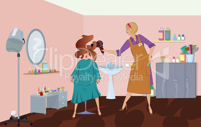 Beauty salon professional is blow drying client's hair