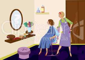 Beauty salon brunet looking in the mirror after hair cut