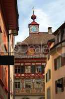 Painted facade of a historic building in the Swiss city Stein an