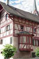 Painted facade of a historic building in the Swiss city Stein an
