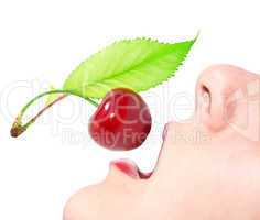 woman's mouth with red cherries