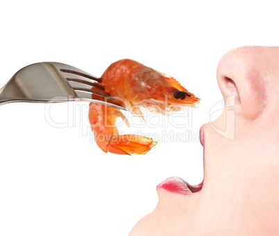 Woman eating shrimp. Isolate on white background.