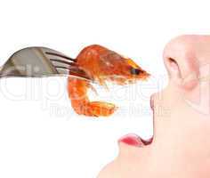 Woman eating shrimp. Isolate on white background.